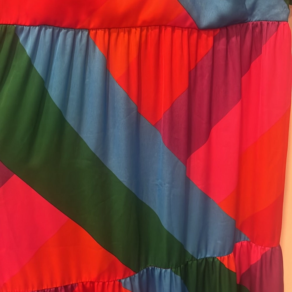 Skies Are Blue Bold Colorful Tiered Maxi Dress Puff Sleeve faux wrap size XS - Picture 7 of 8